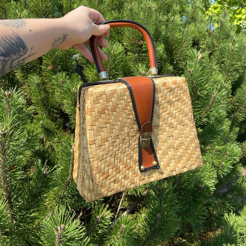 1950s MCM Rattan and Leather Woven Purse